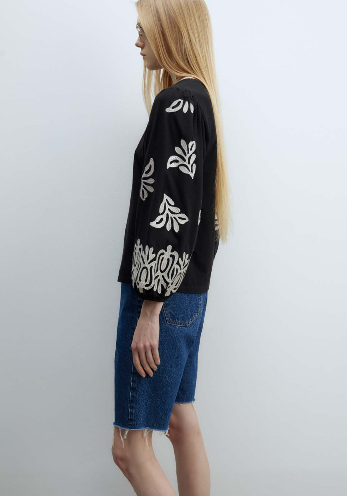 Sfera Embroidered Sleeve Blouse - Black 3 Shaws Department Stores