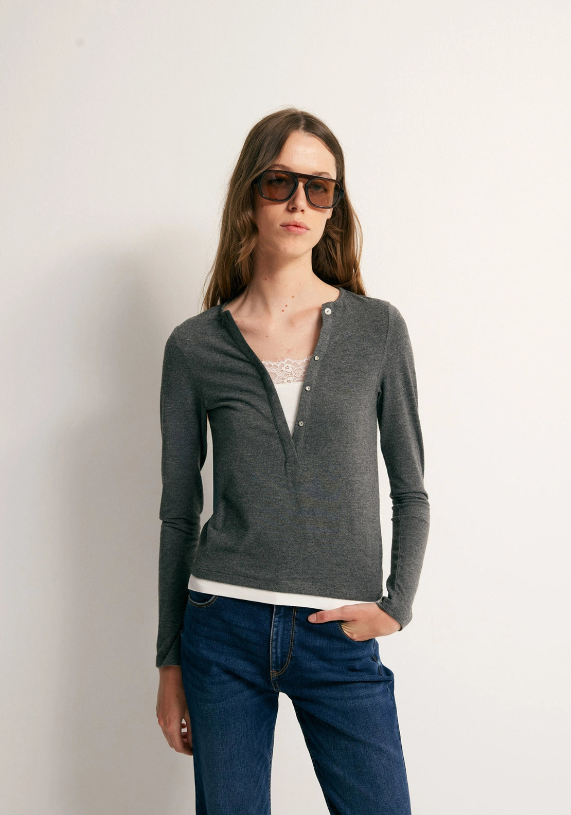 Lace Detail Long Sleeve T-Shirt - Grey