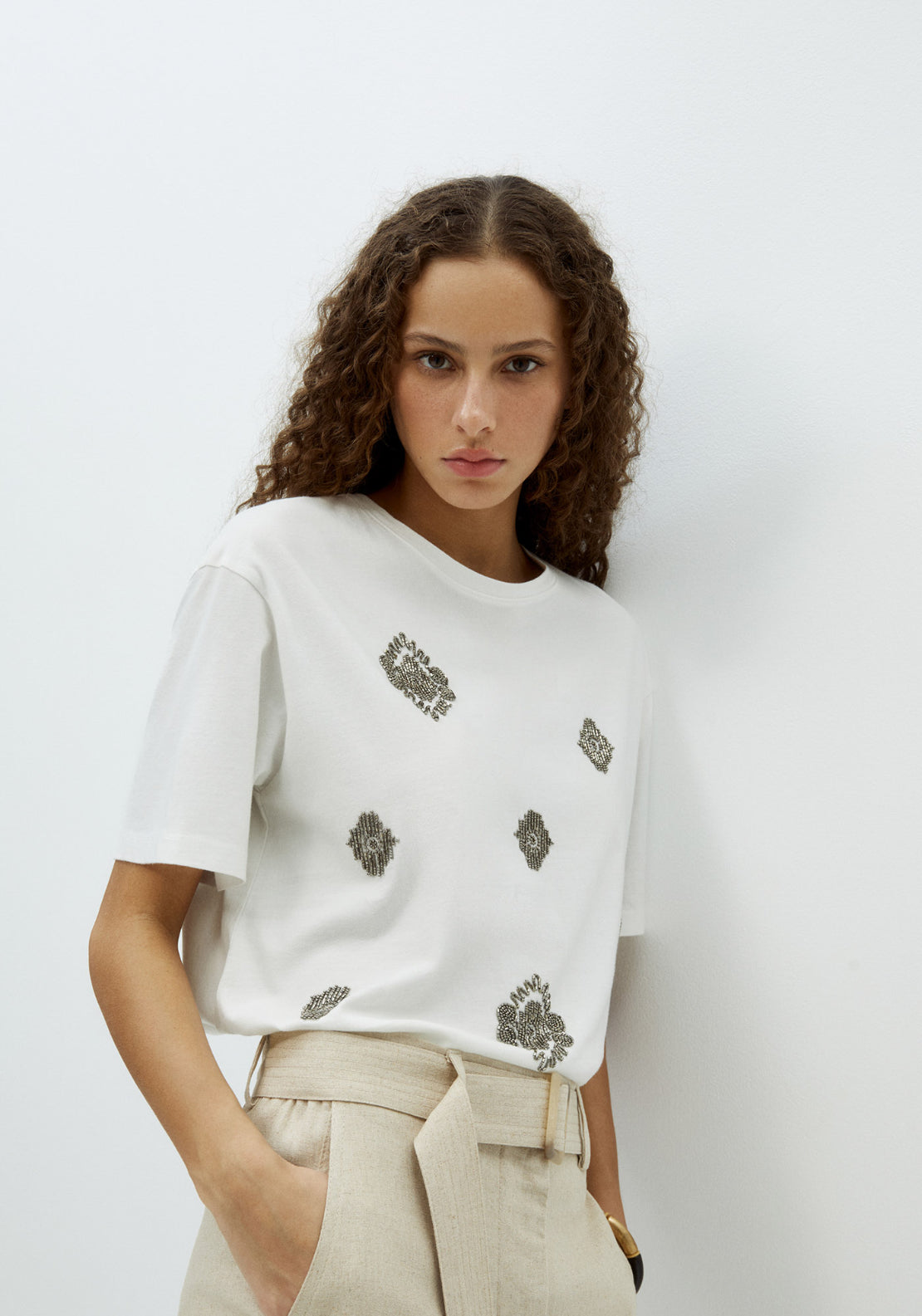 Sparkly Bead Cotton T-Shirt - White