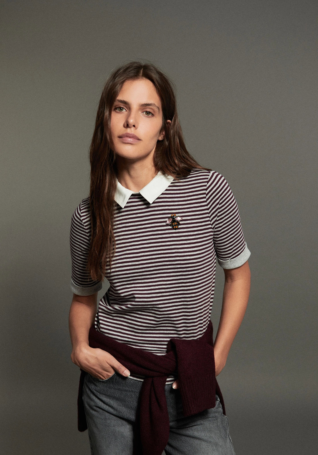 Striped Polo Collar Top - Eggplant