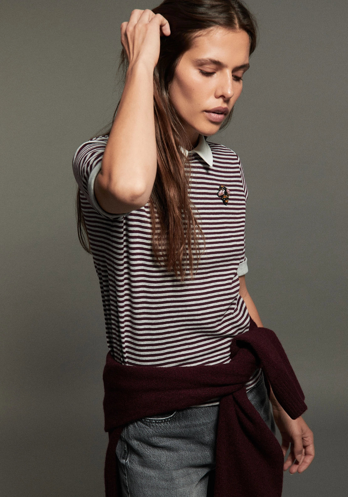 Striped Polo Collar Top - Eggplant