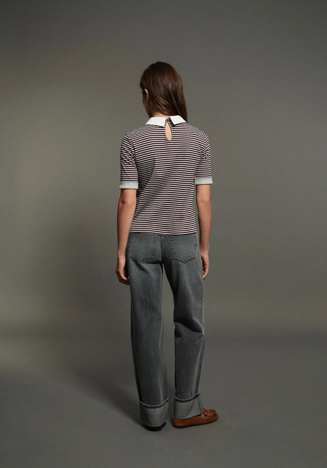 Striped Polo Collar Top - Eggplant