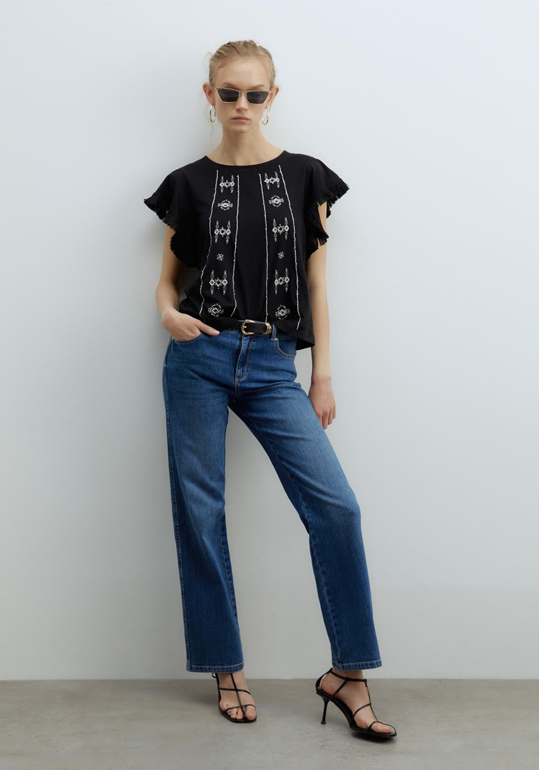 Sfera Fringe Embroidered T-Shirt - Black 5 Shaws Department Stores