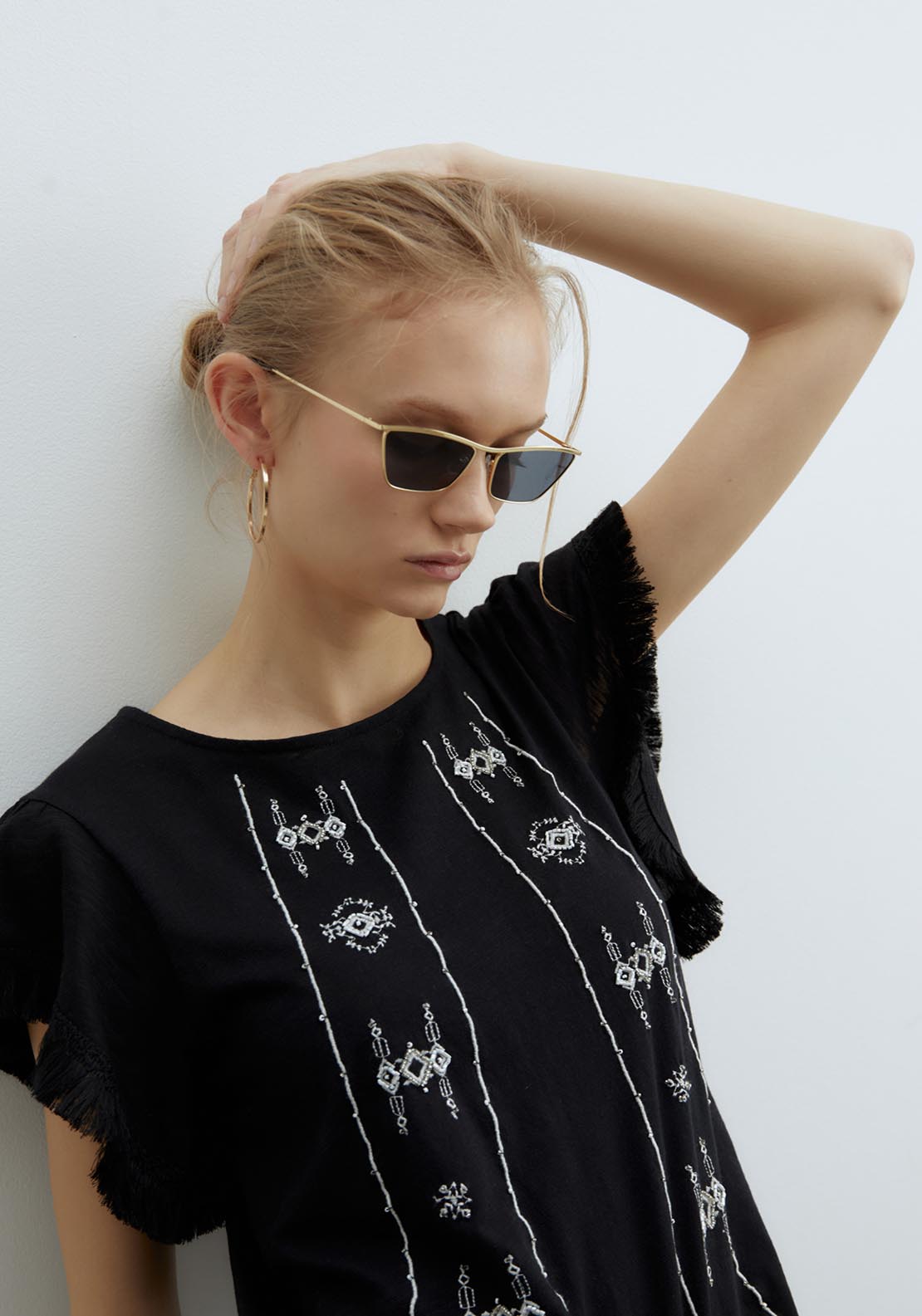 Sfera Fringe Embroidered T-Shirt - Black 4 Shaws Department Stores