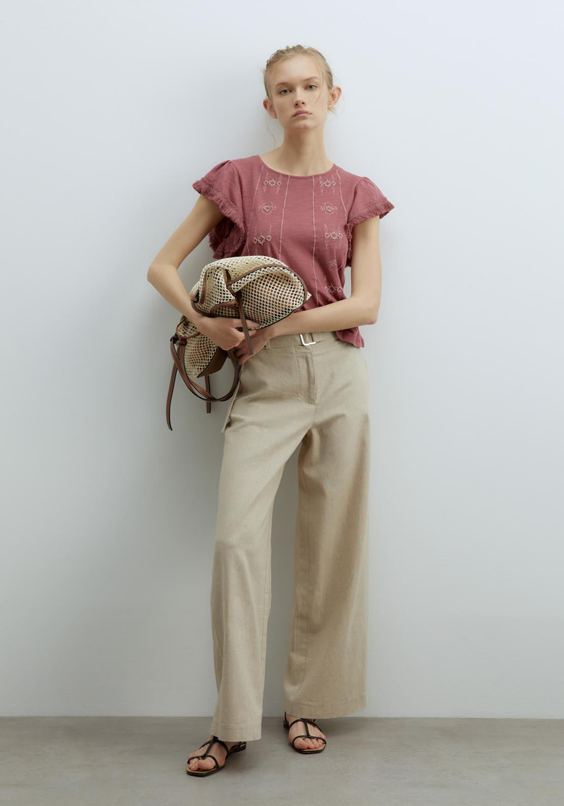 Sfera Fringe Embroidered T-Shirt - Burgundy 5 Shaws Department Stores