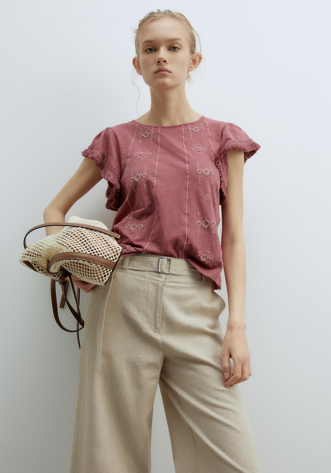 Sfera Fringe Embroidered T-Shirt - Burgundy 1 Shaws Department Stores