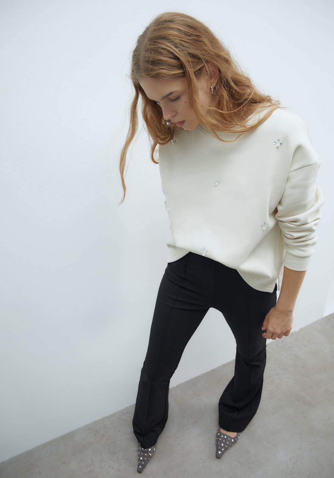 Sfera Mixed-fabric appliqués sweatshirt - Beige 2 Shaws Department Stores