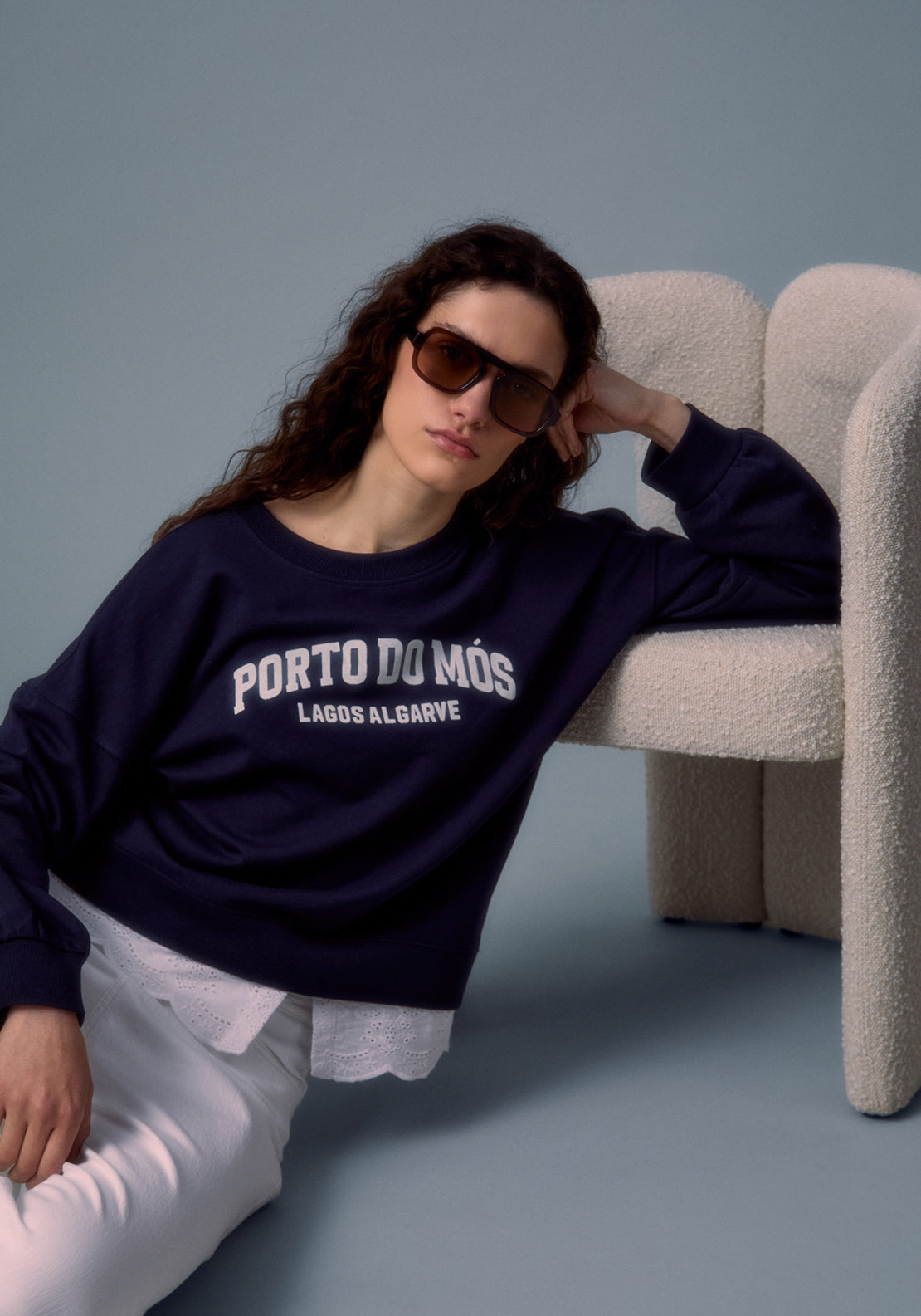 Schiffli Embroidered Peplum Sweatshirt - Blue