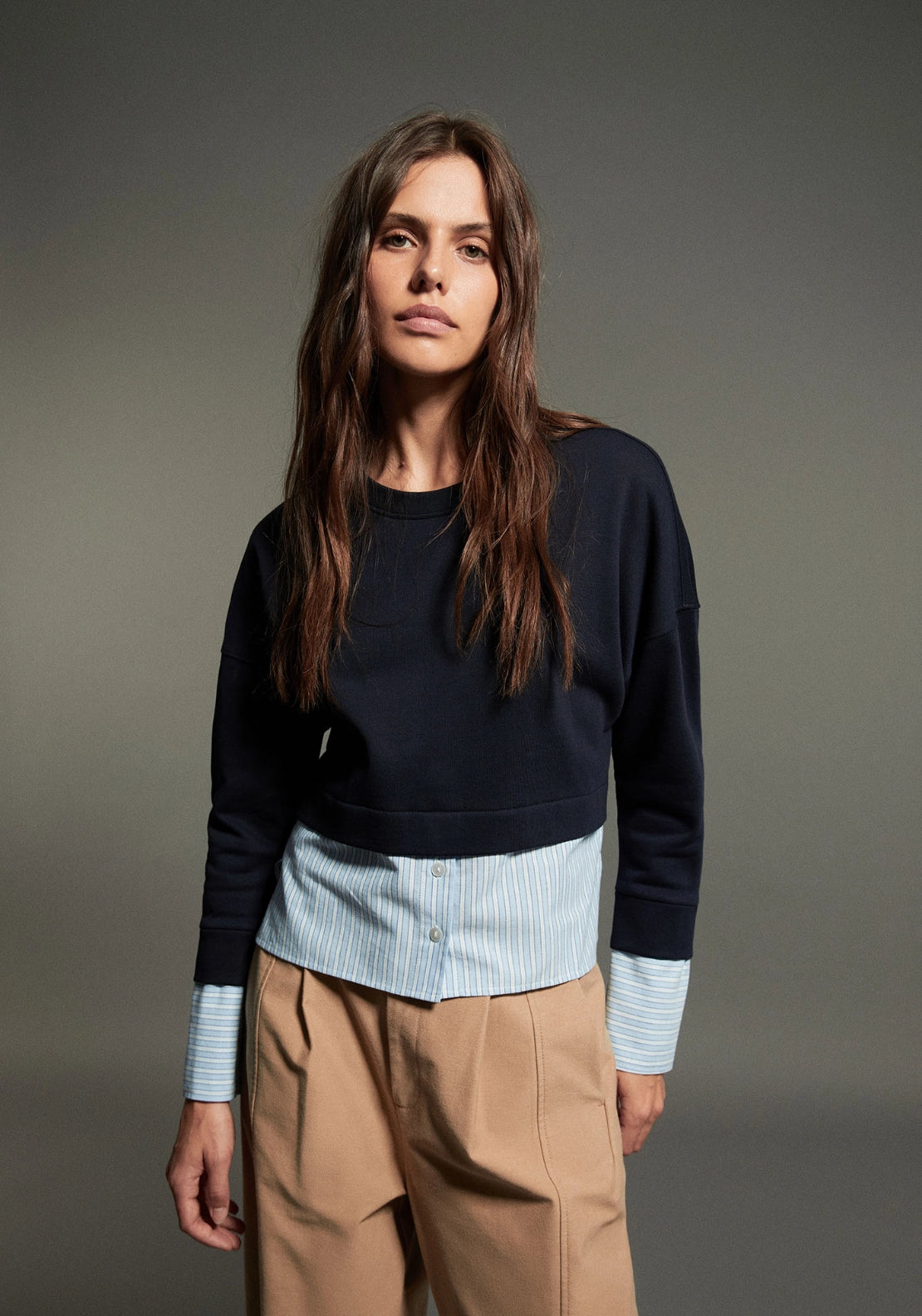 Striped Contrast Hem Sweatshirt - Blue