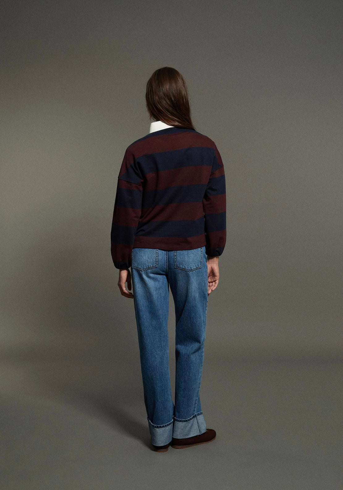 Wide Stripe Polo Collar Sweatshirt - Eggplant