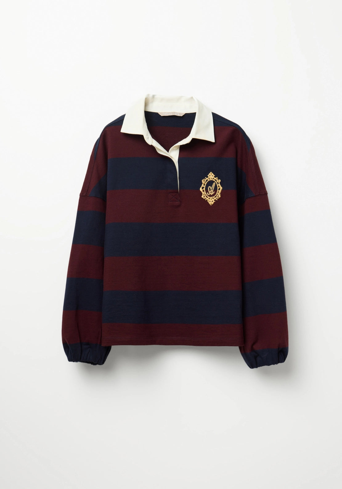 Wide Stripe Polo Collar Sweatshirt - Eggplant