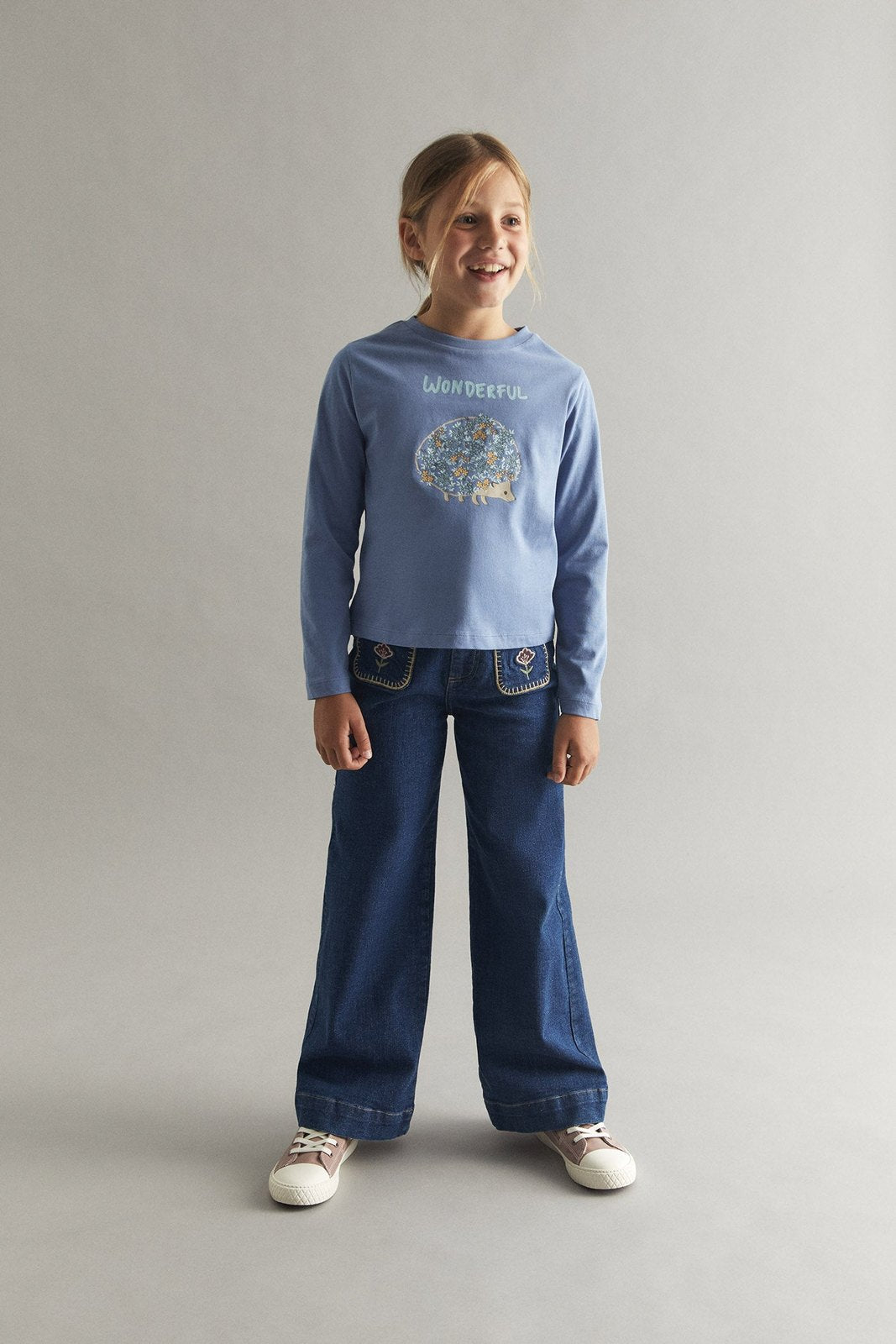 Hedgehog Print Long Sleeved T-Shirt - Blue