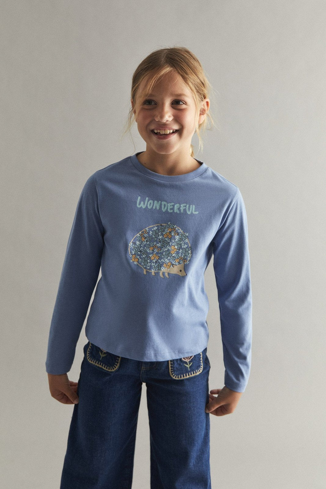 Hedgehog Print Long Sleeved T-Shirt - Blue