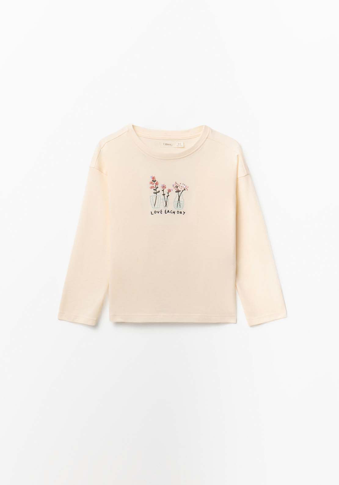 Long Sleeved T-Shirt With Flower Embroidery - Cream
