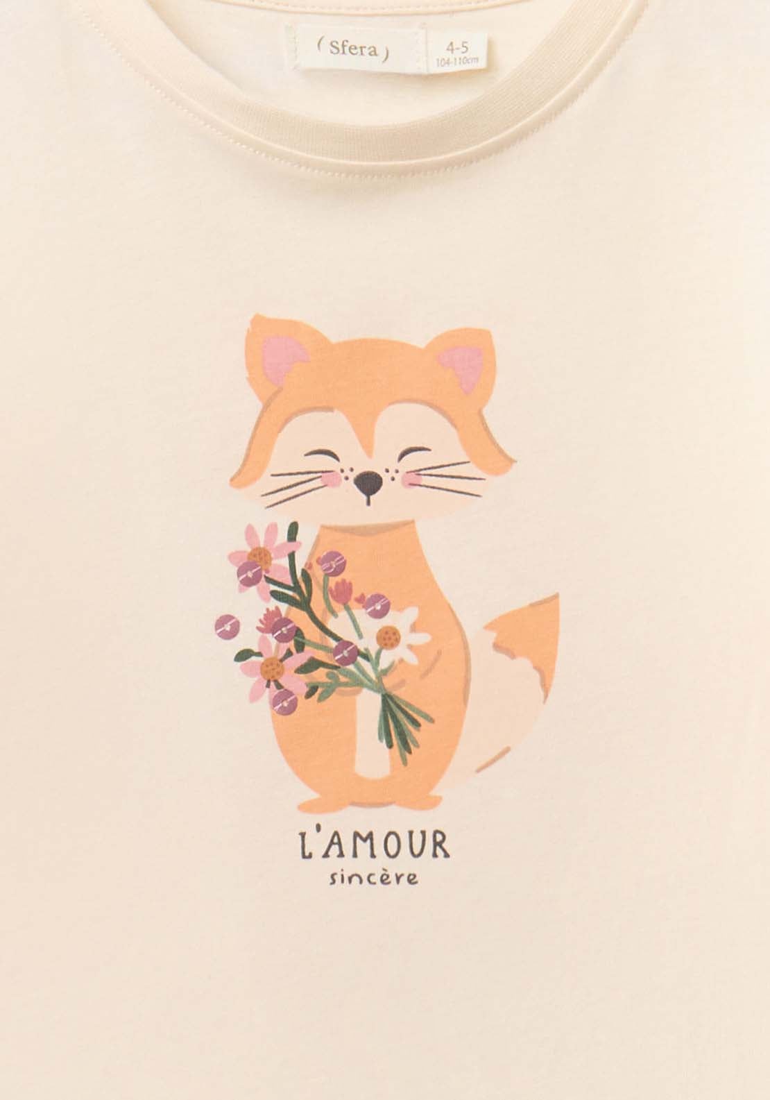 Long Sleeved T-Shirt With Fox Print - Cream