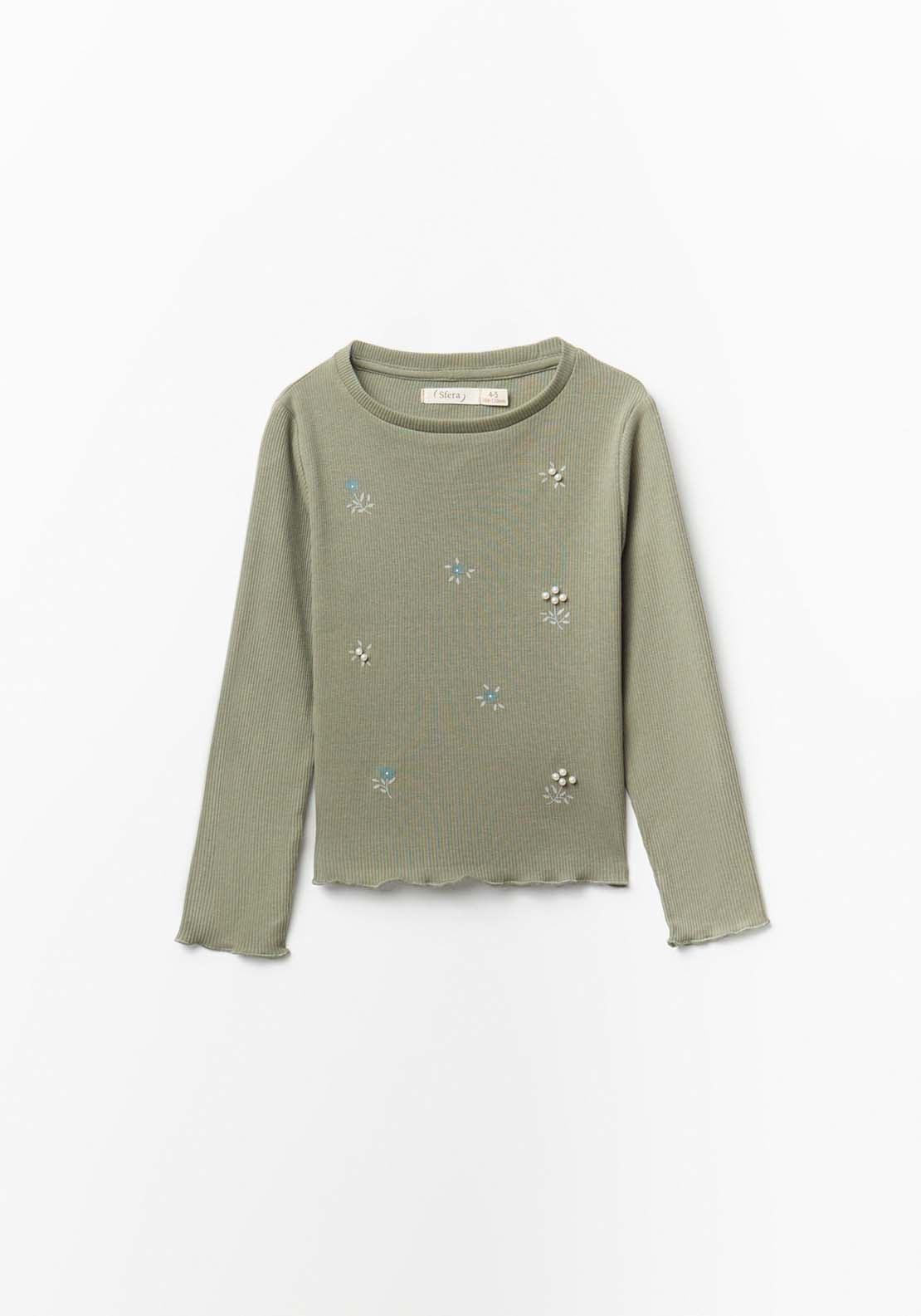 Ribbed Long-Sleeved T-Shirt With Flower & Pearl Detail - Green