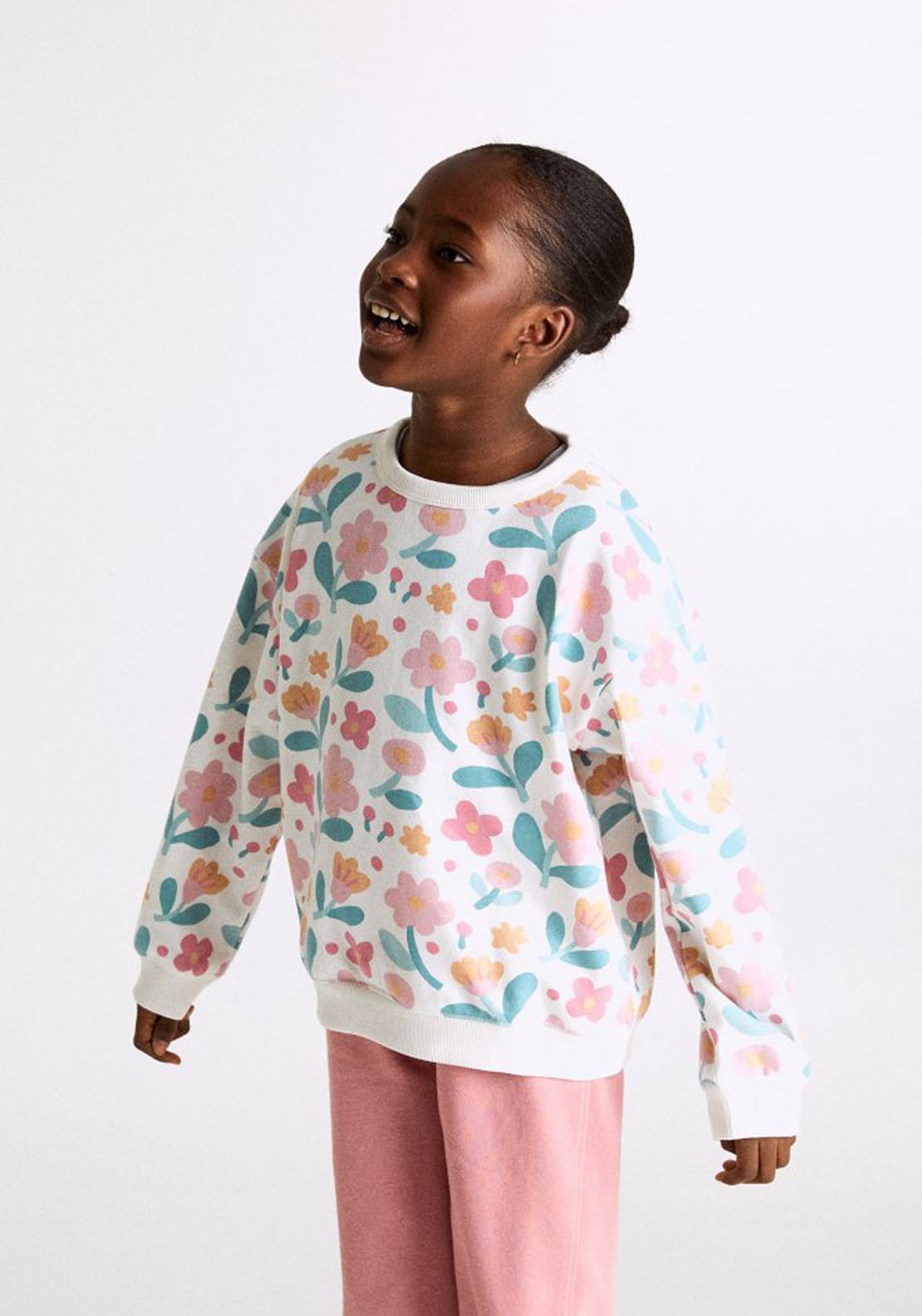 Floral Print Round Neck Sweatshirt - Cream