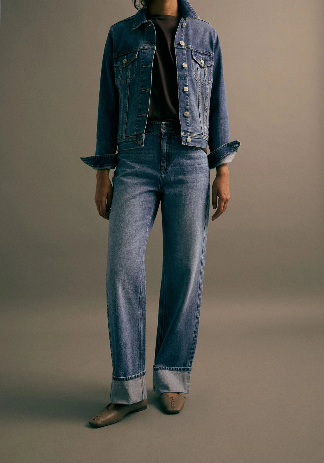 Straight Leg Turn Up Hem Jeans - Denim Medium Blue