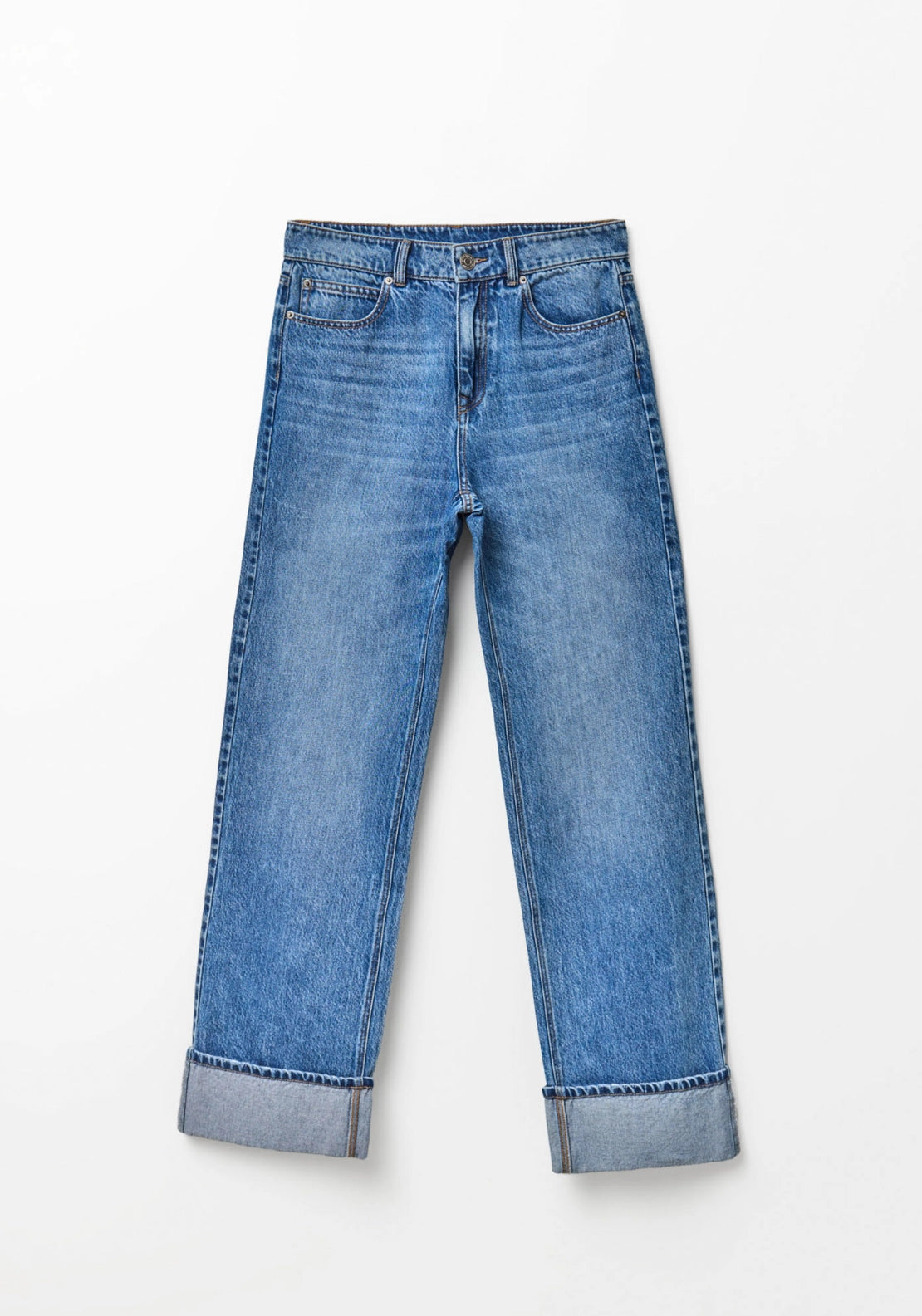 Straight Leg Turn Up Hem Jeans - Denim Medium Blue