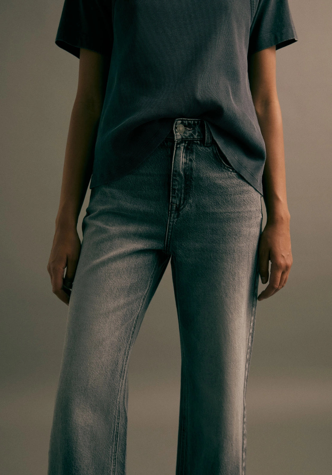 Turn Up Hem Straight Leg Jeans - Denim Medium Blue