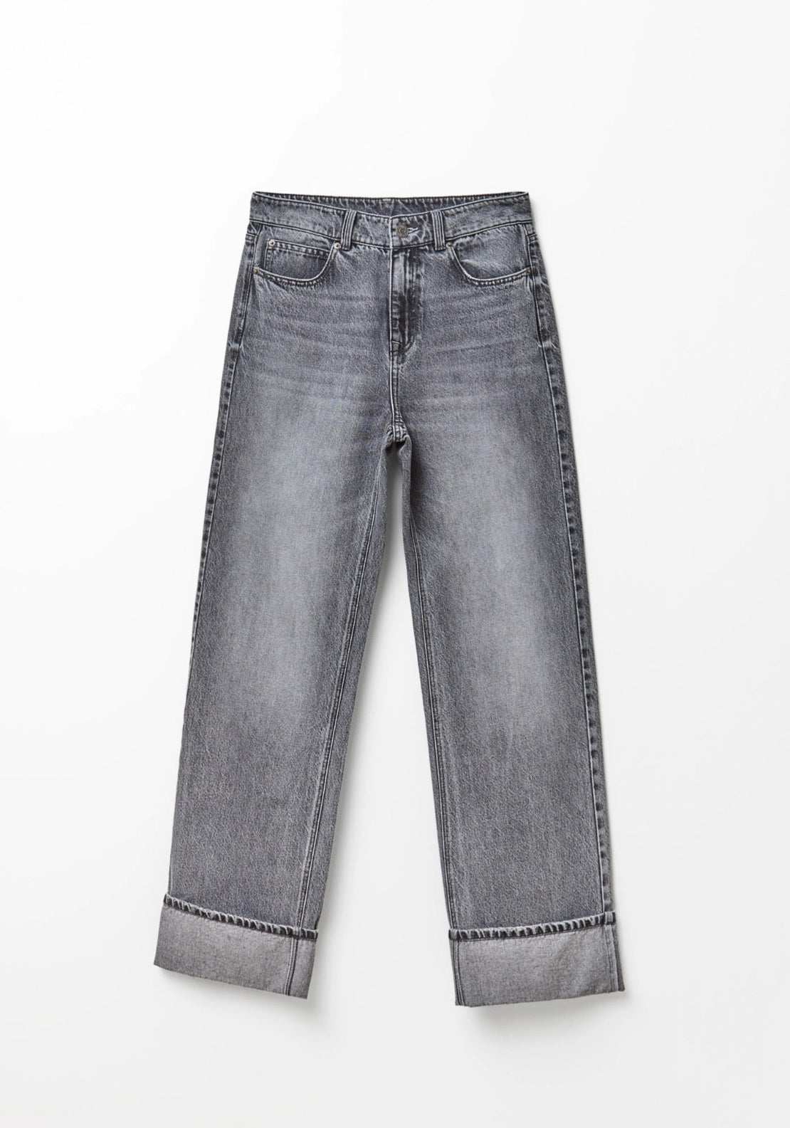 Turn Up Hem Straight Leg Jeans - Denim Medium Blue