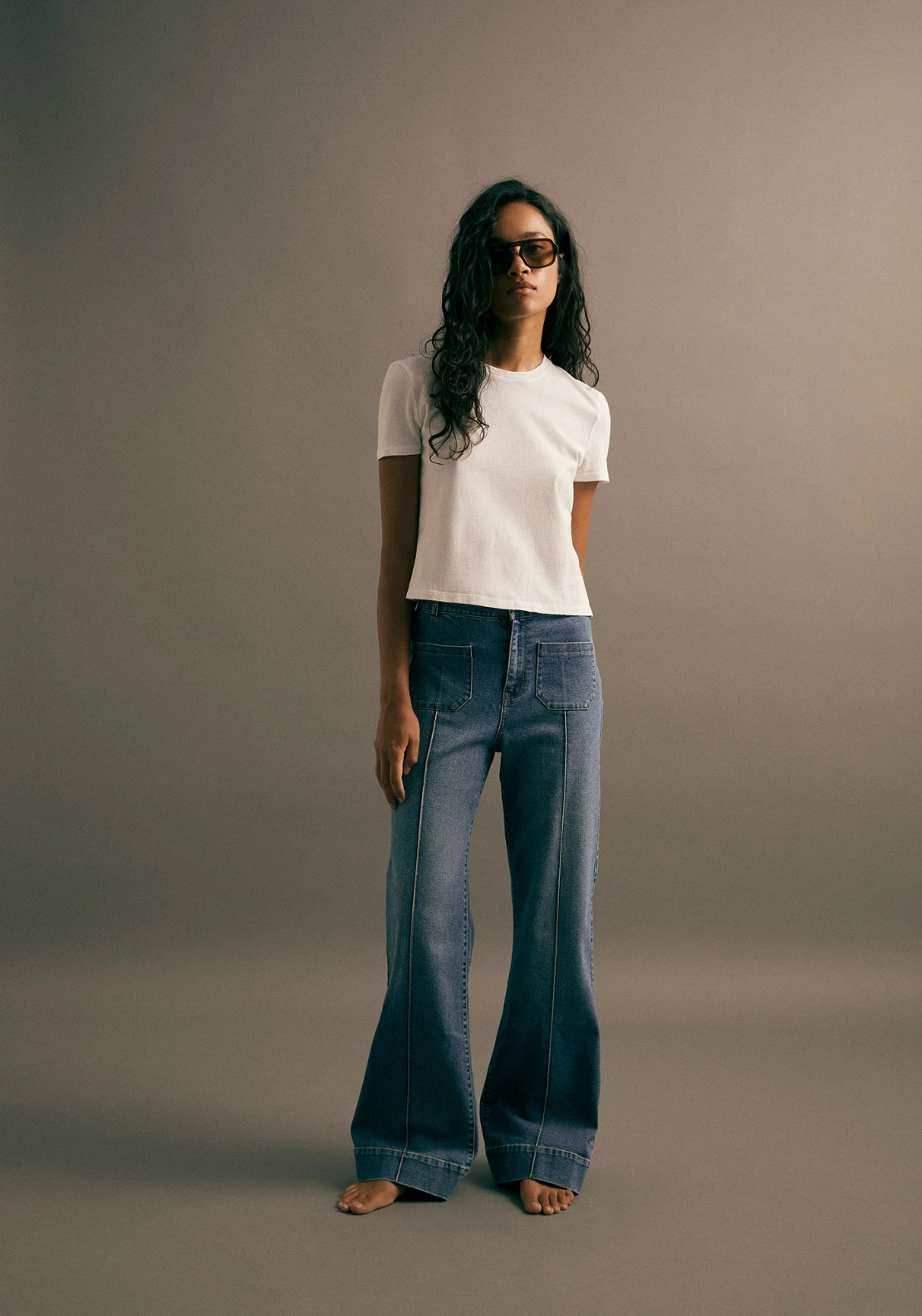 Wide Leg Flared Jeans - Denim Medium Blue
