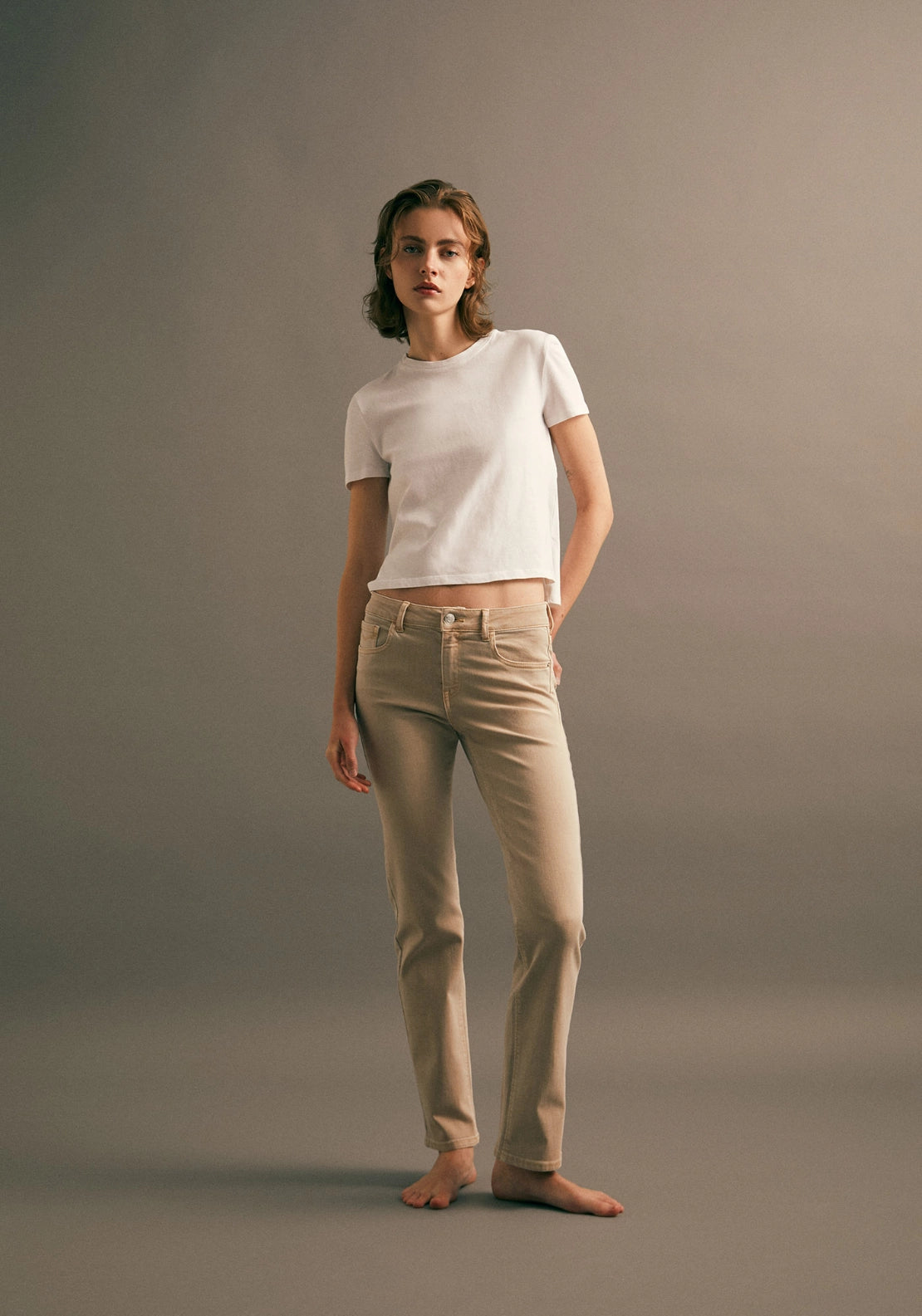 Fitted Straight Leg Jeans - Beige