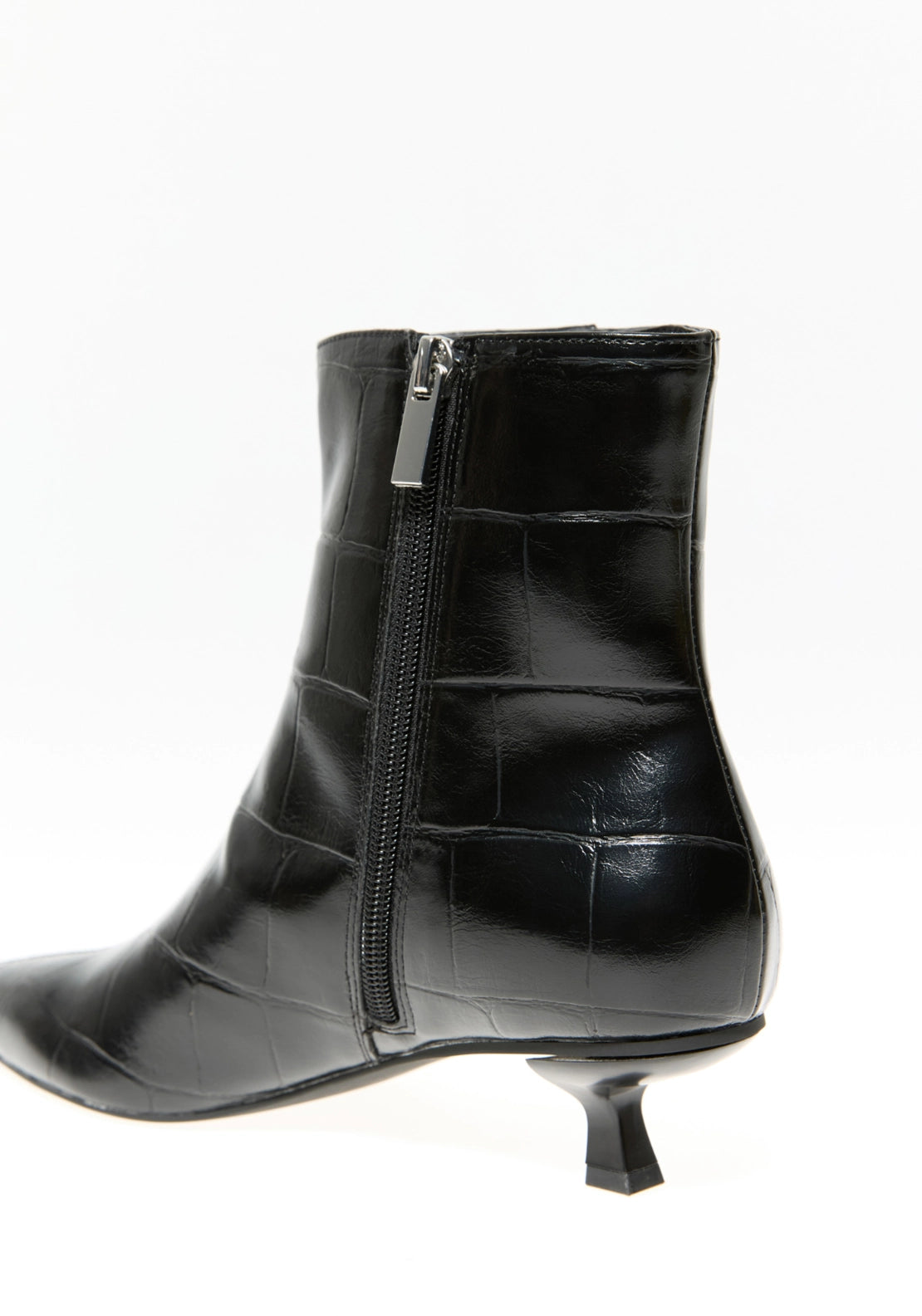 Side Zip Heeled Crocodile Effect Boot - Black