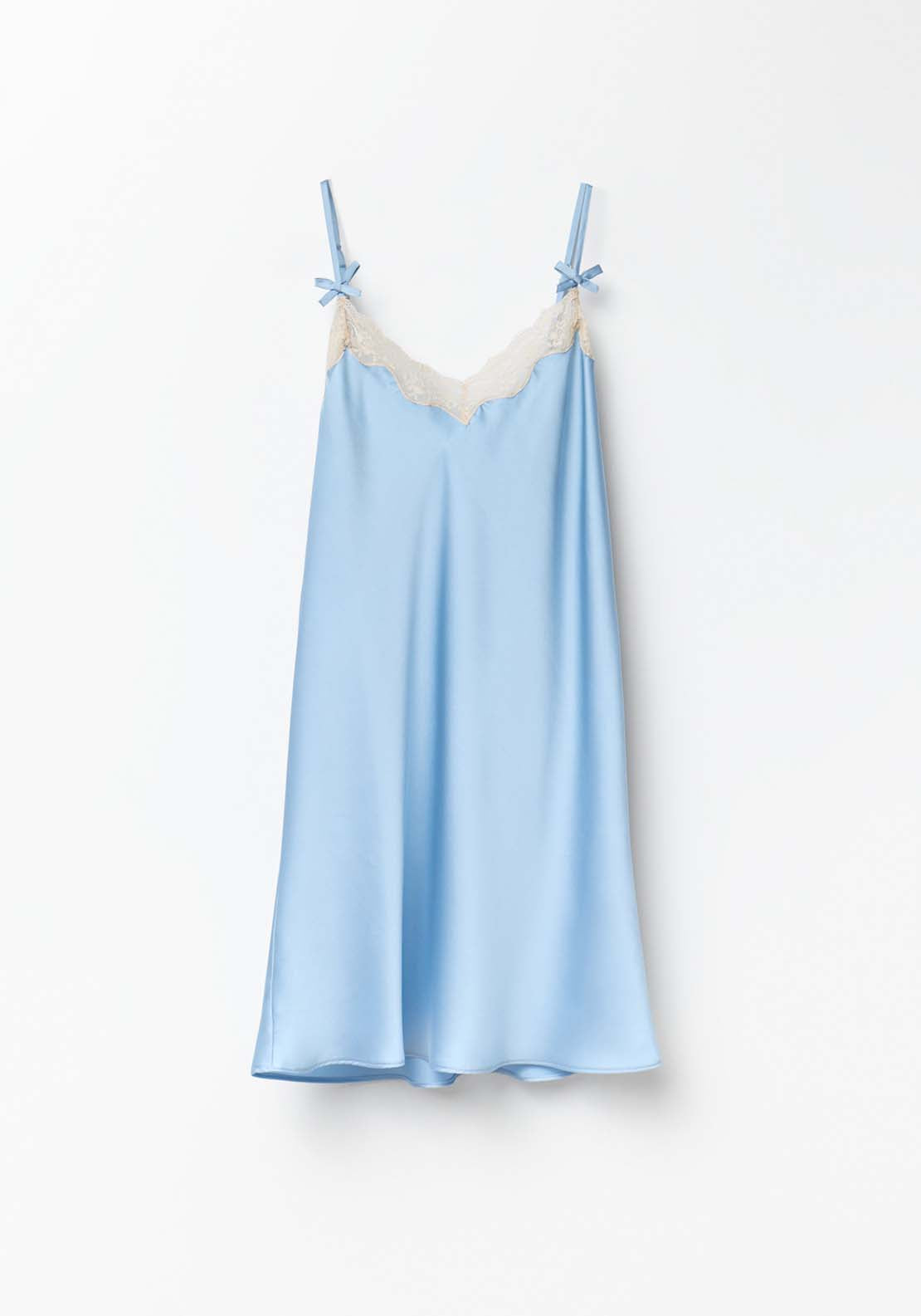 Satin Nightdress With Lace - Blue