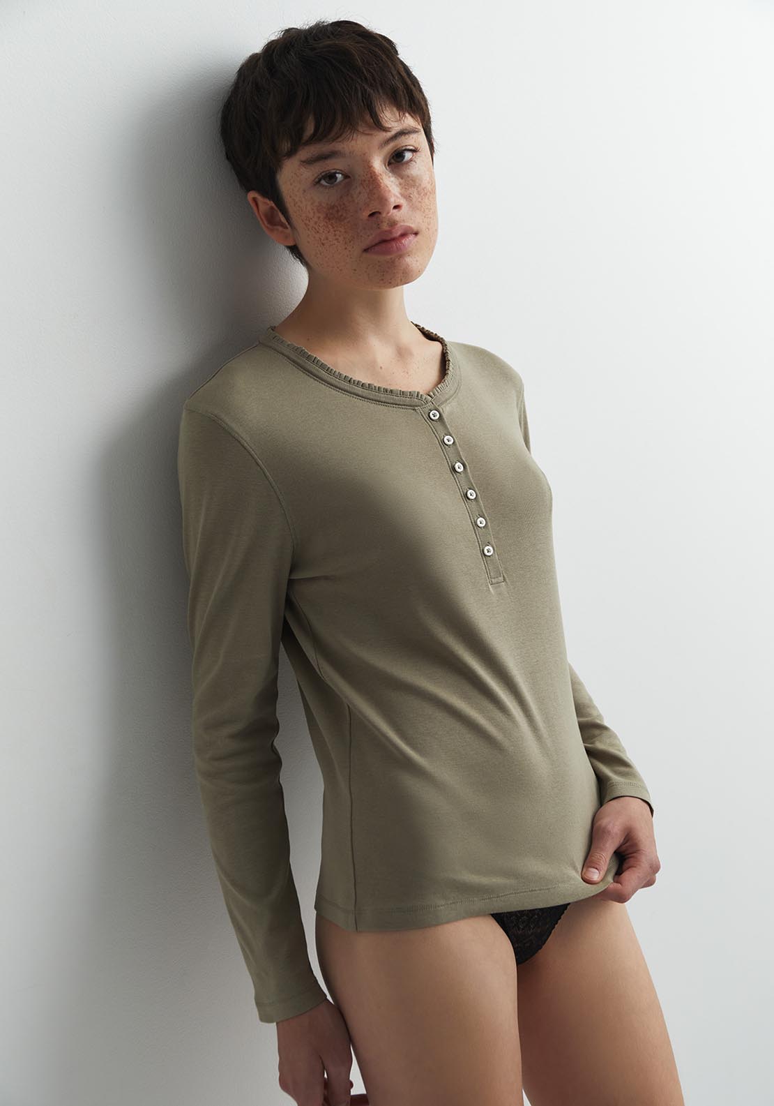 Sfera Plain ribbed long-sleeved T-shirt - Green 1 Shaws Department Stores