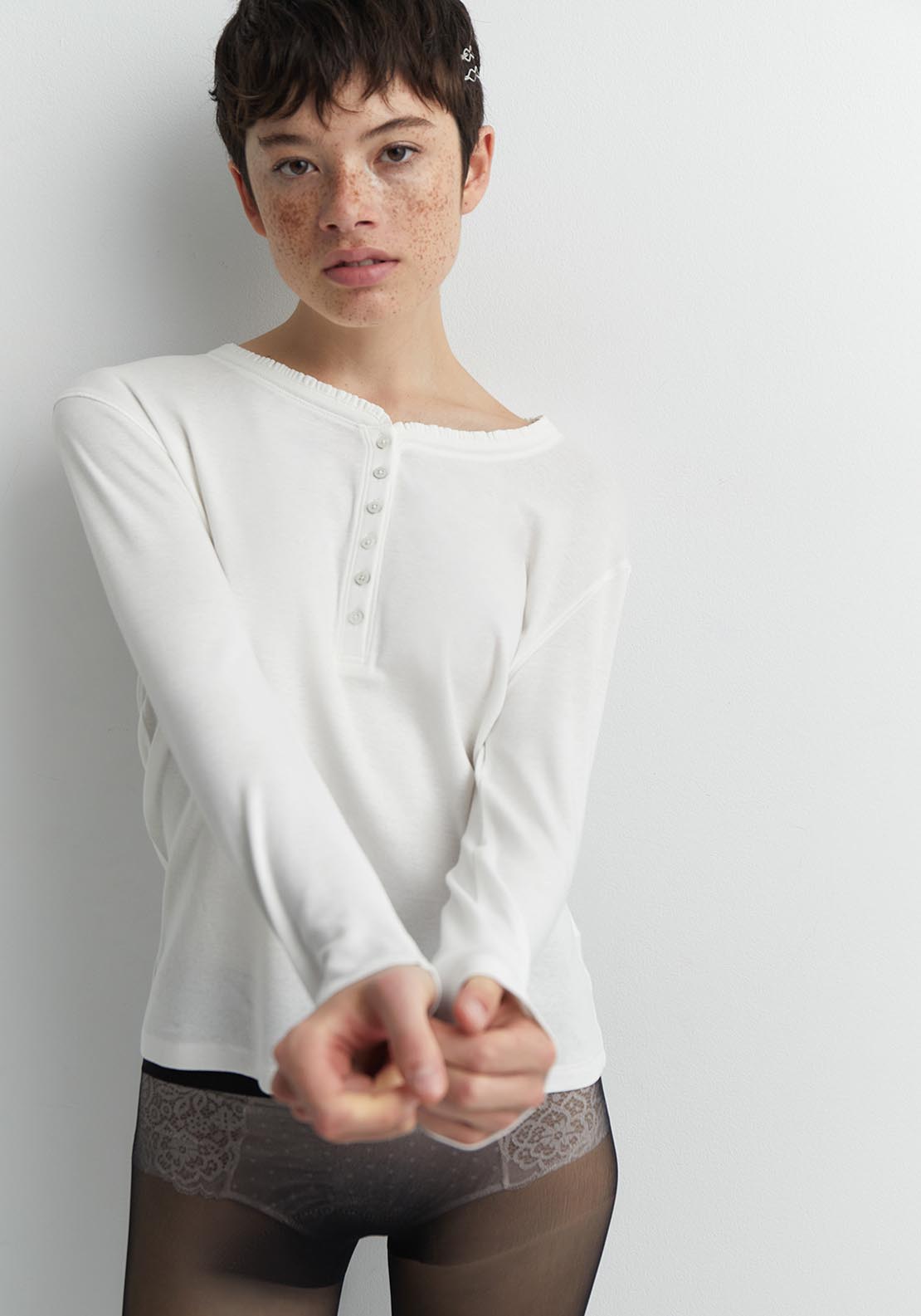 Sfera Plain ribbed long-sleeved T-shirt - White 1 Shaws Department Stores