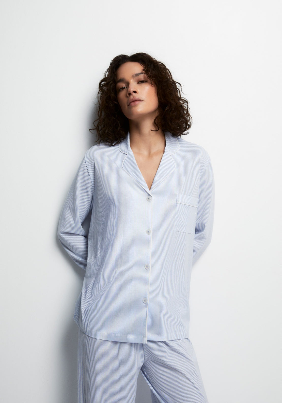 100% Cotton Classic Long Pyjamas With Notch Collar - Blue