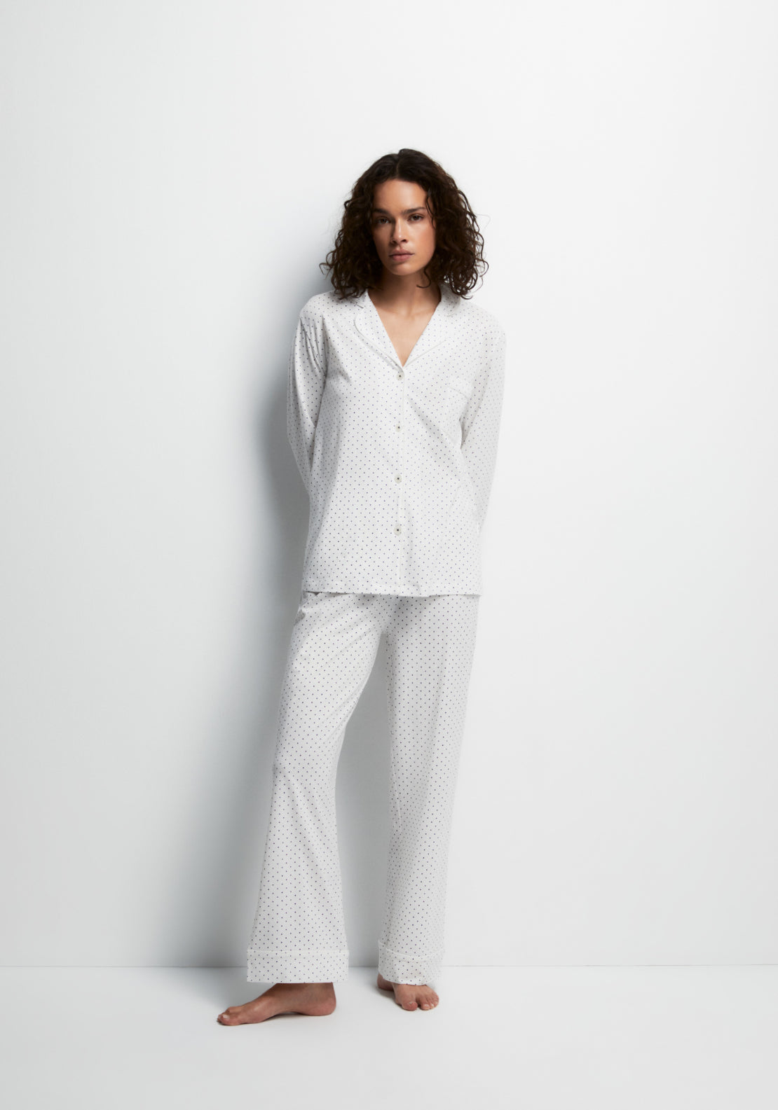 100% Cotton Long Pyjama Set With Notch Collar - Blue