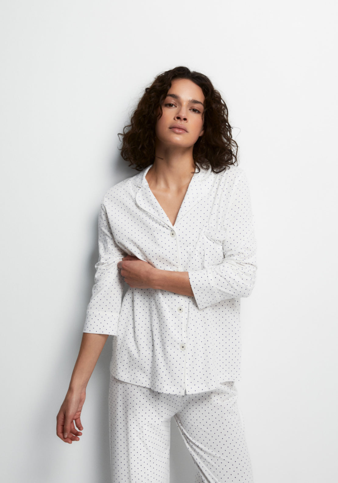 100% Cotton Long Pyjama Set With Notch Collar - Blue