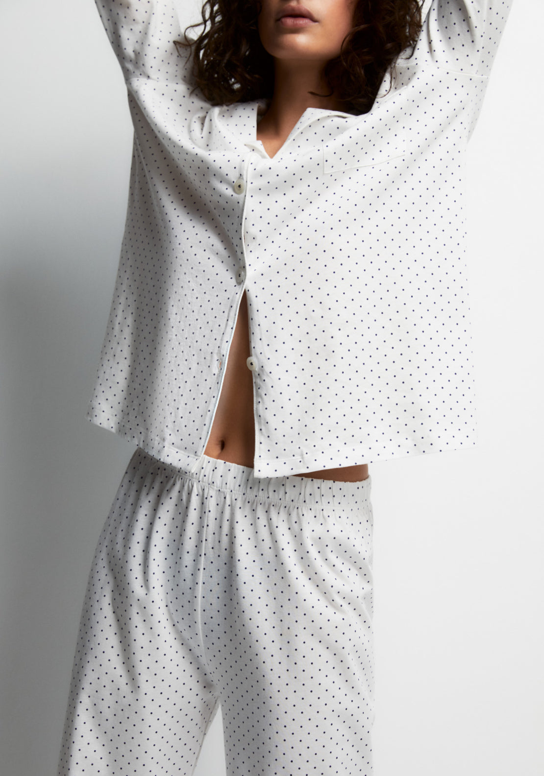 100% Cotton Long Pyjama Set With Notch Collar - Blue
