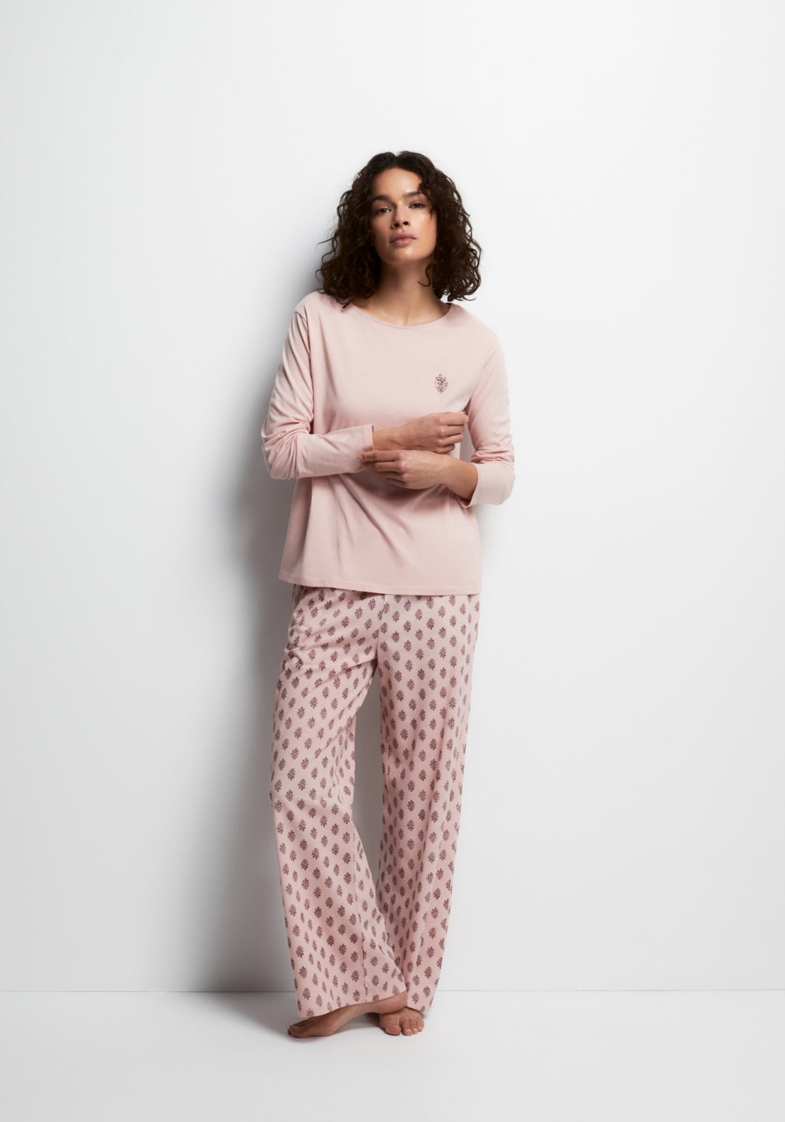 100% Cotton Long Round-Neck Pyjama Set - Pink