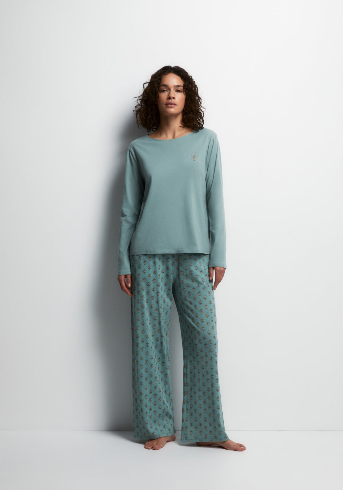 100% Cotton Long Round-Neck Pyjama Set - Green
