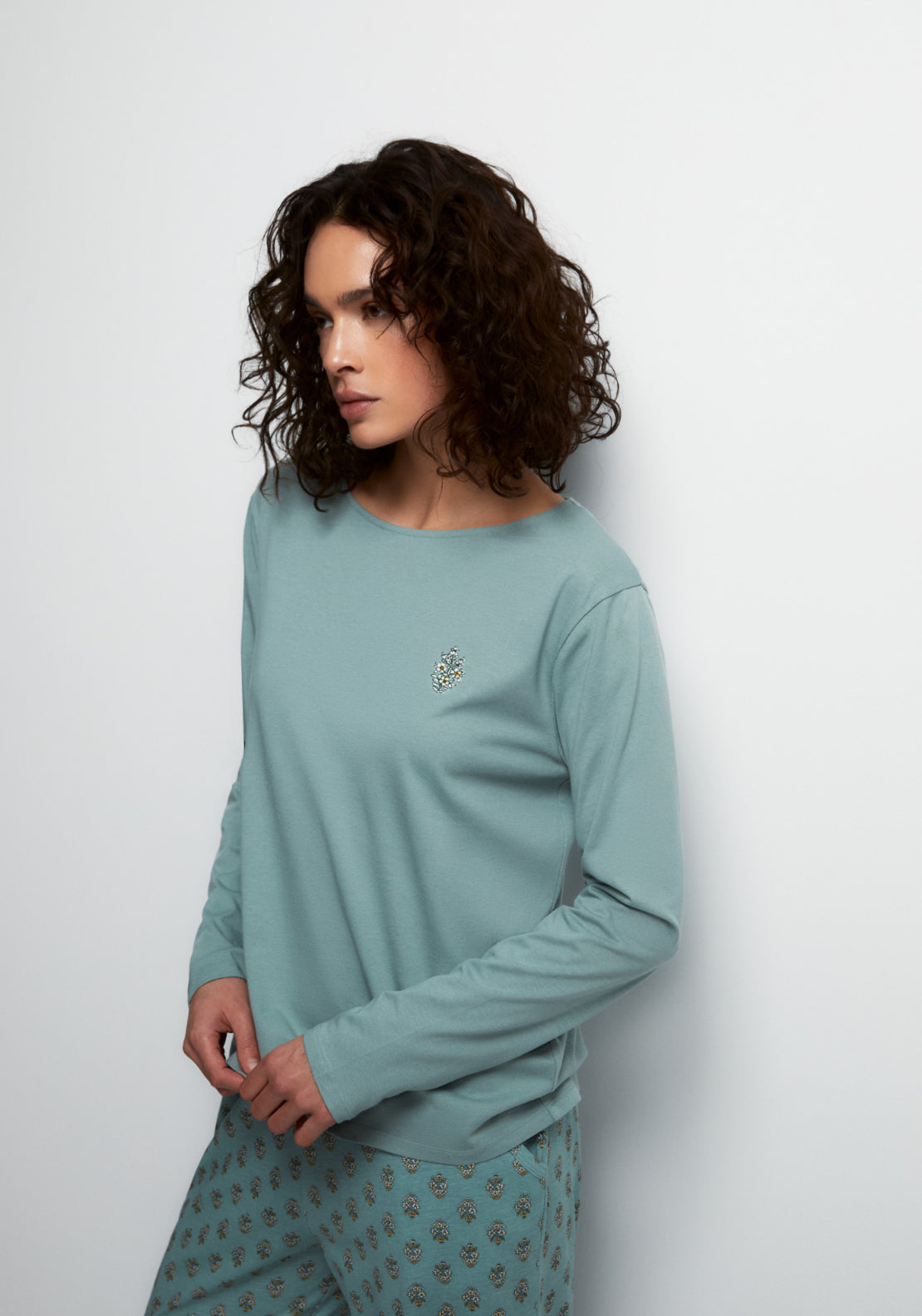 100% Cotton Long Round-Neck Pyjama Set - Green