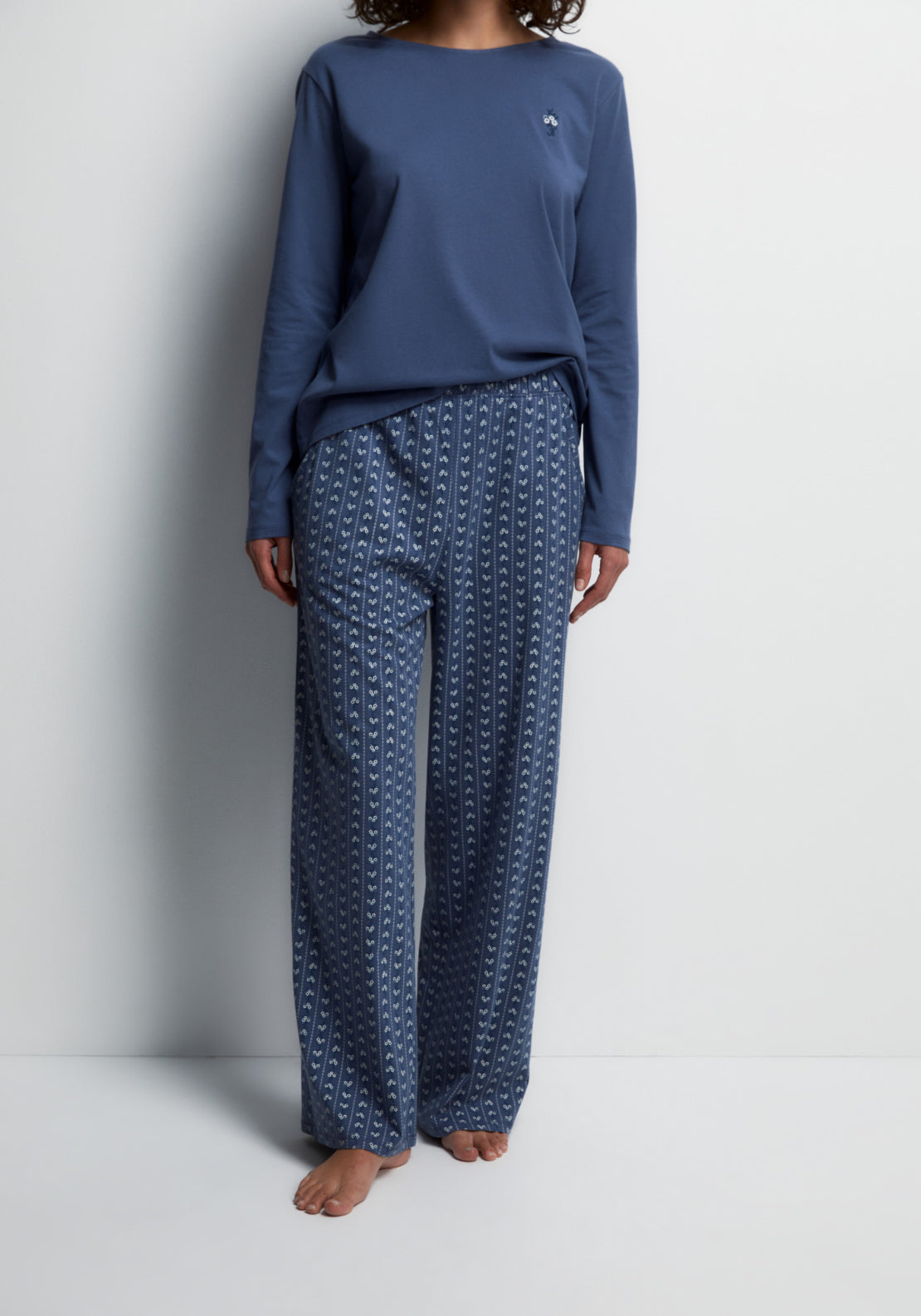 100% Cotton Long Round-Neck Pyjama Set - Acid Blue