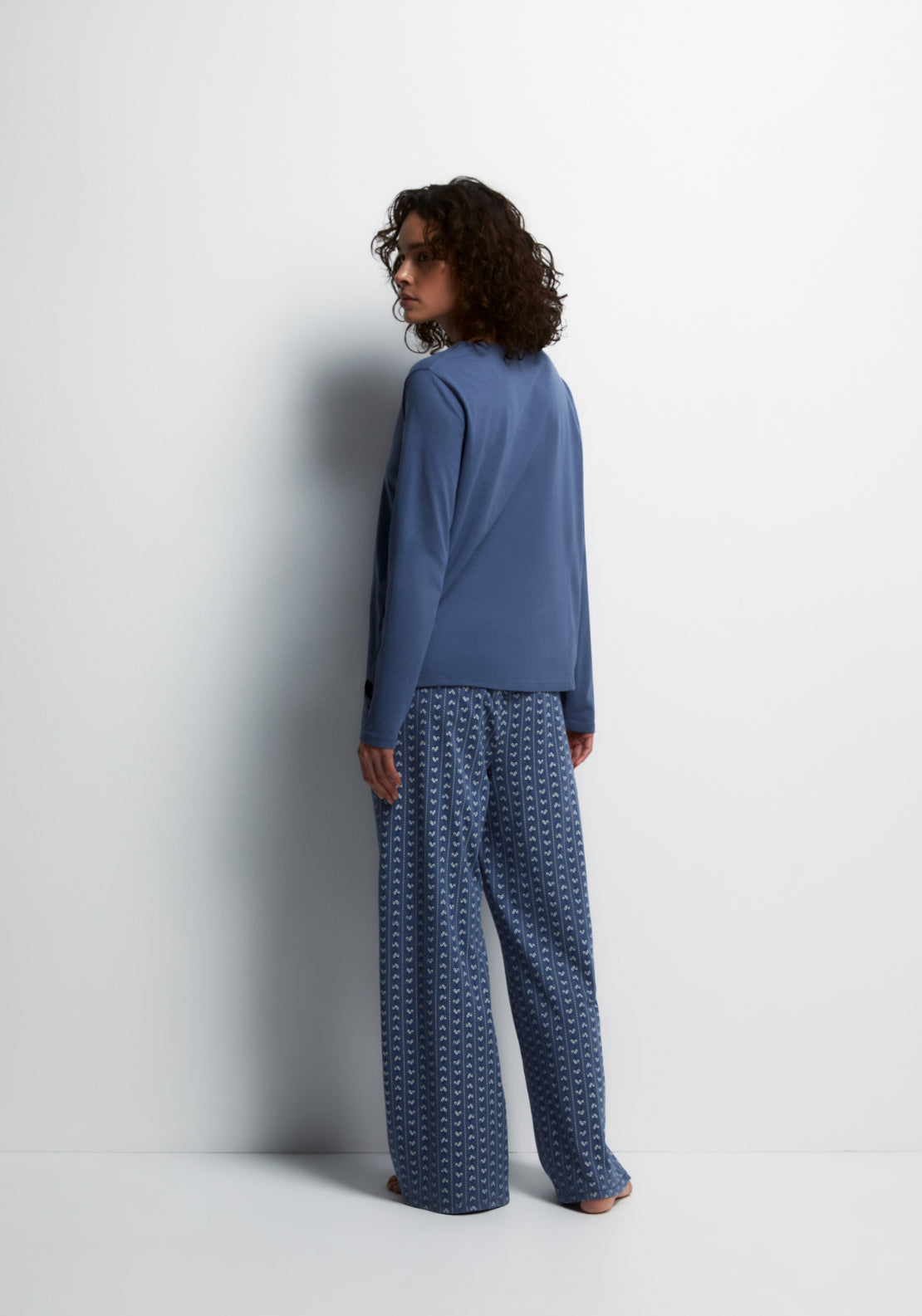 100% Cotton Long Round-Neck Pyjama Set - Acid Blue