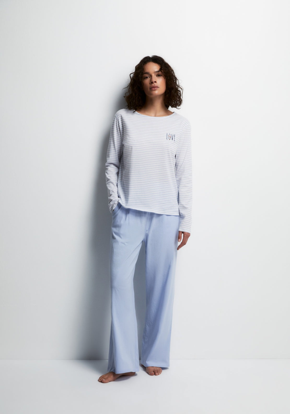 100% Cotton Long Round-Neck Pyjama Set - Blue
