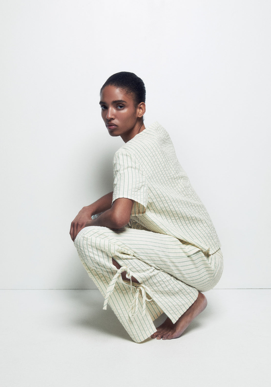 Long Striped Notch-Collar Pyjama Set - Nude