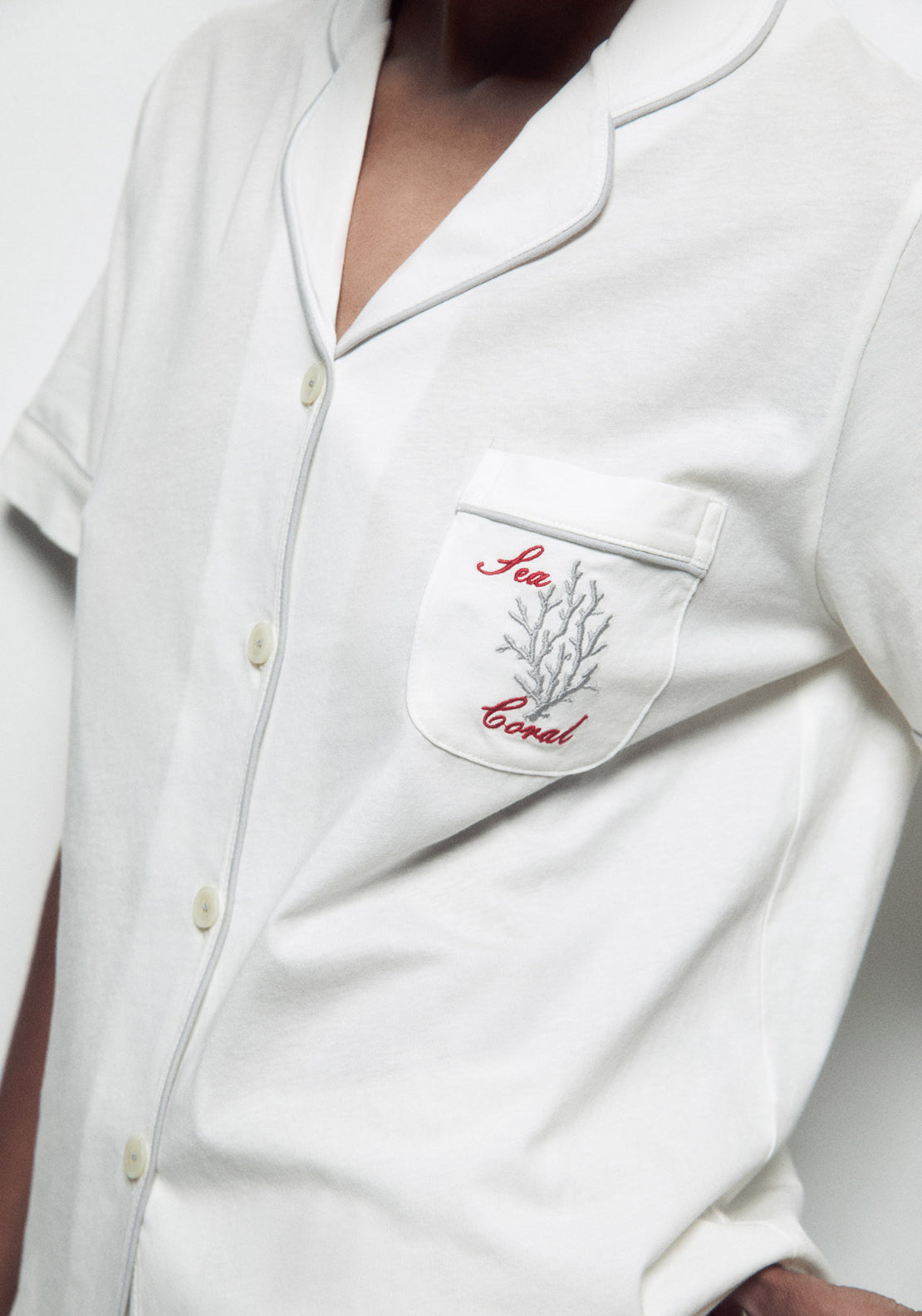100% Cotton Short Pyjama Set With Lapel Collar - White