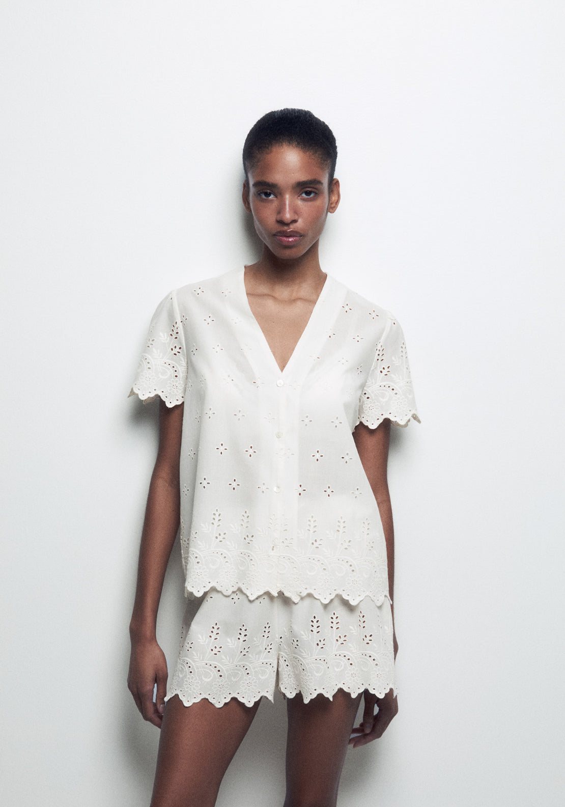 100% Cotton Openwork Detail Short Pyjama Set - White