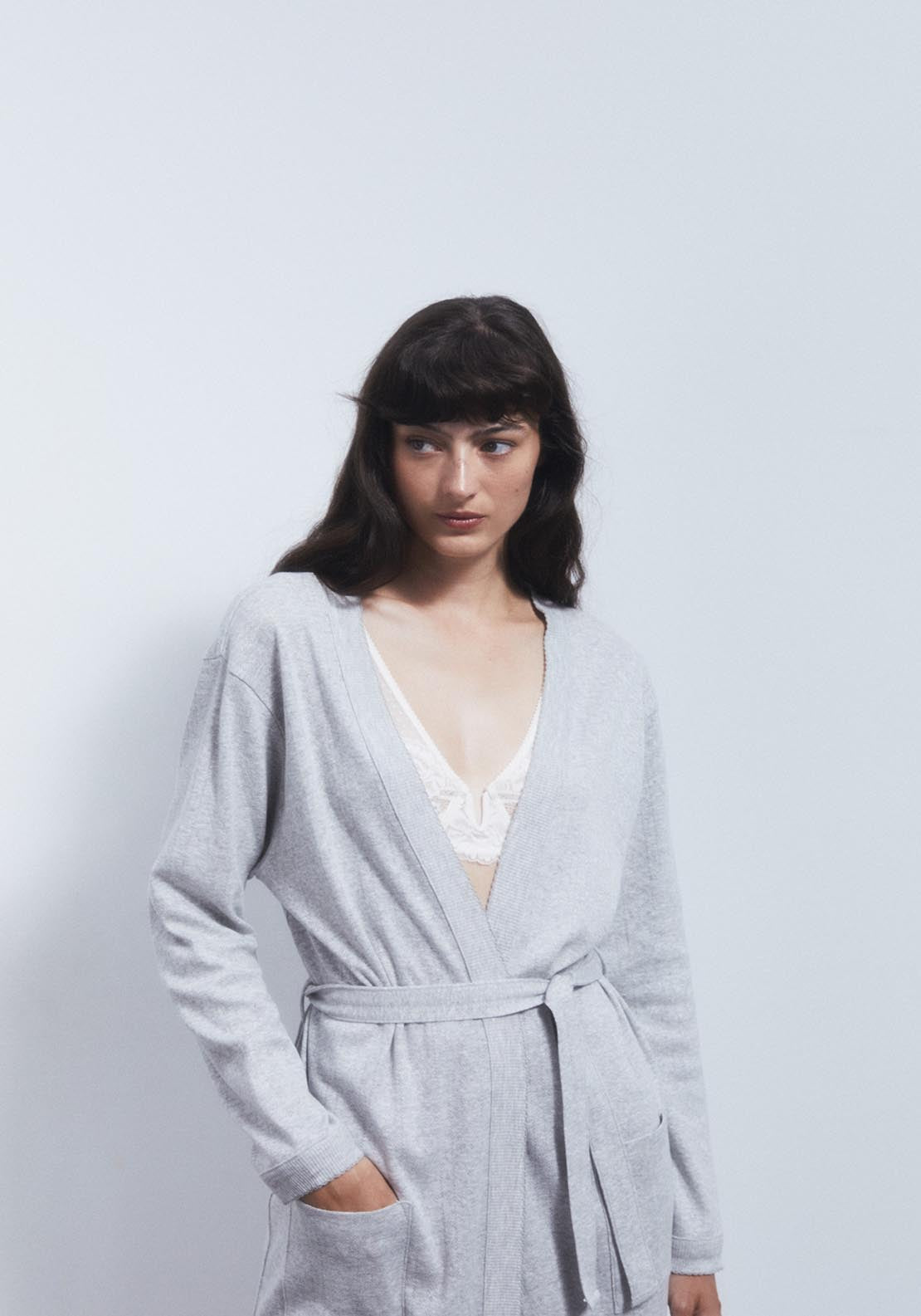 Sfera Plain openwork dressing gown - Grey 3 Shaws Department Stores