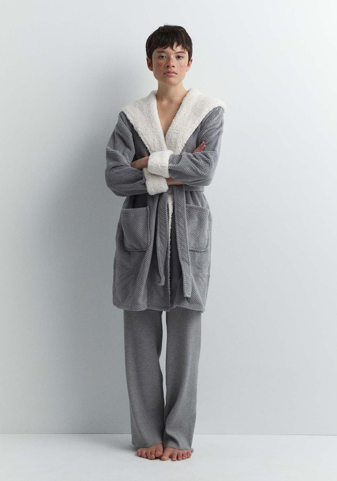 Sfera Textured polar fleece dressing gown - Grey 1 Shaws Department Stores