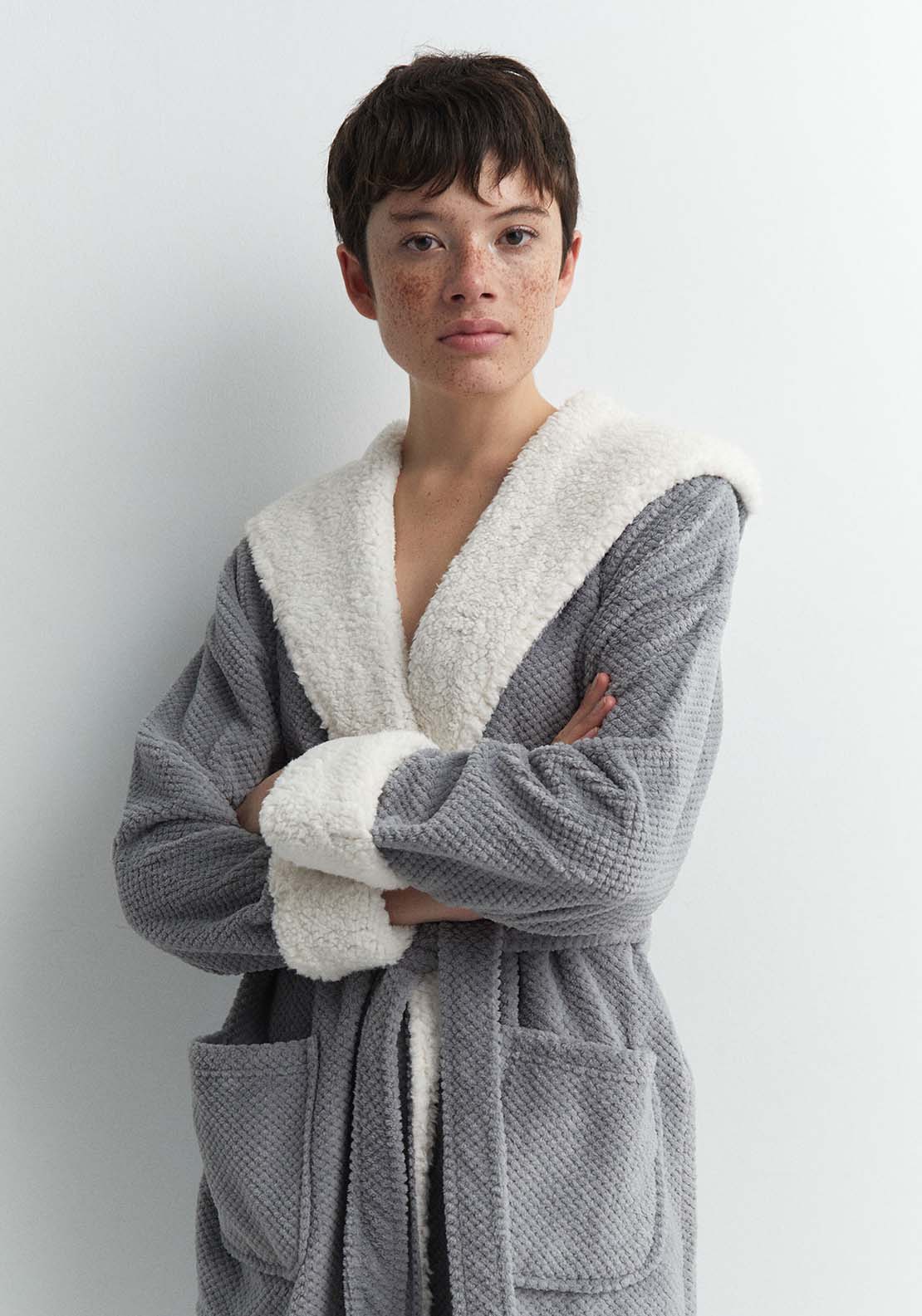 Sfera Textured polar fleece dressing gown - Grey 3 Shaws Department Stores