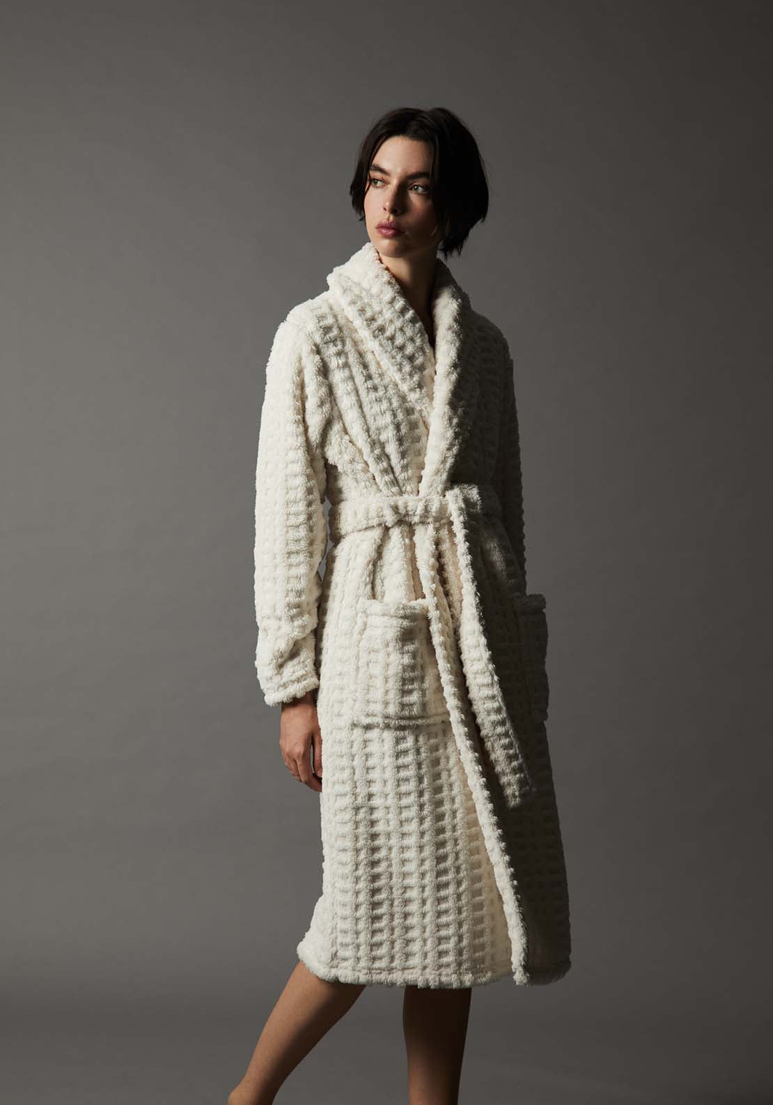 Textured Fleece Robe - White