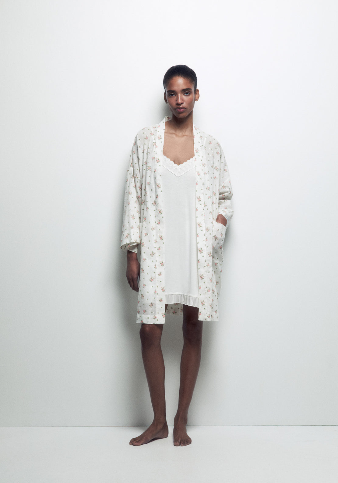 100% Cotton Floral Print Robe - Nude