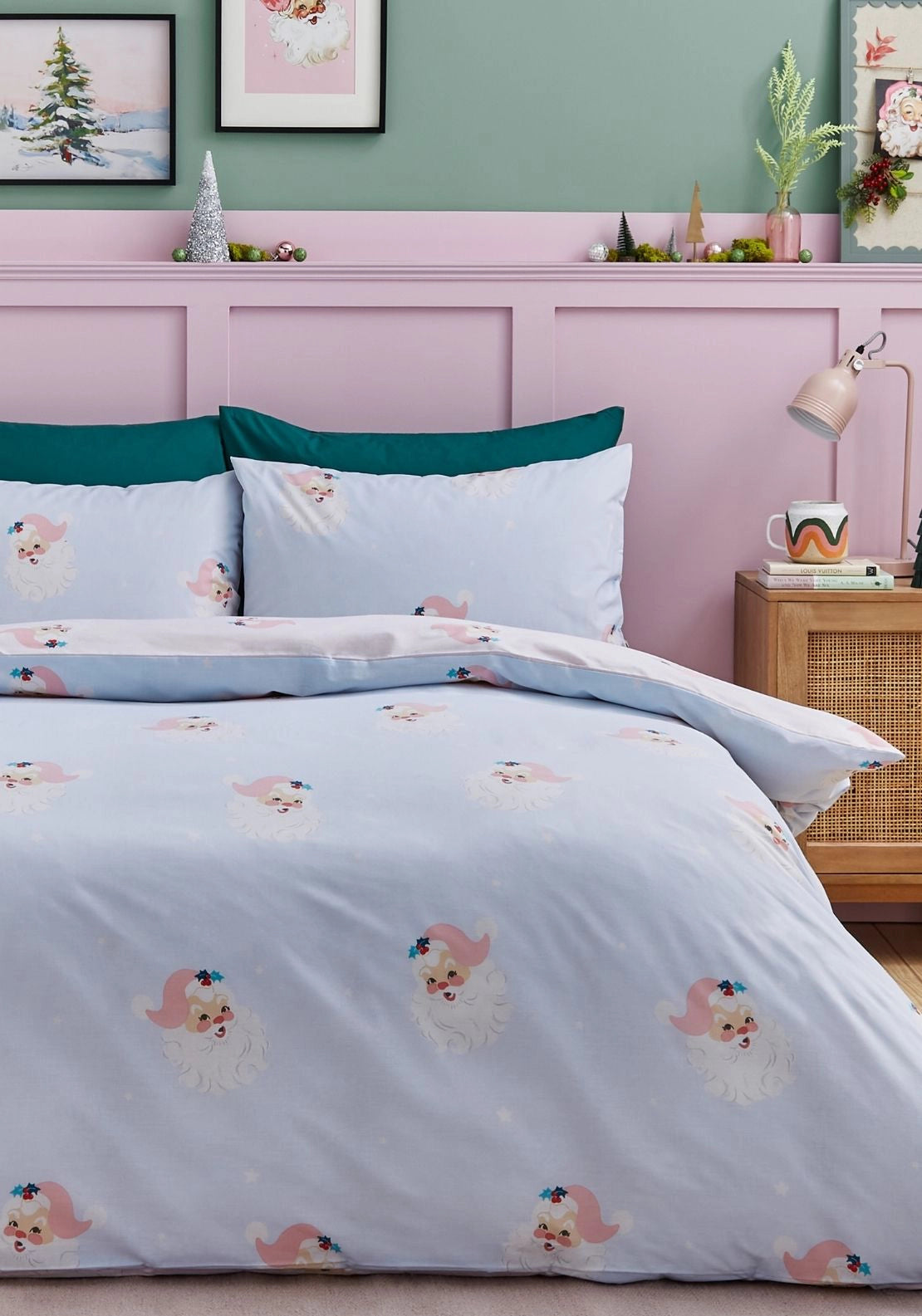 Catherine Lansfield Vintage Christmas Santa Reversible Duvet Cover Set - Pink 2 Shaws Department Stores